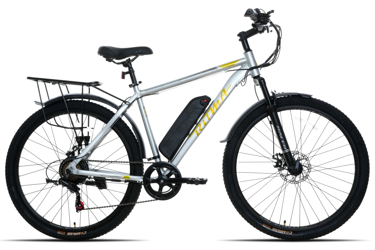 Электровелосипед Ritma MORGAN309 27.5 серебристый глянец жёлтый логотип 2025